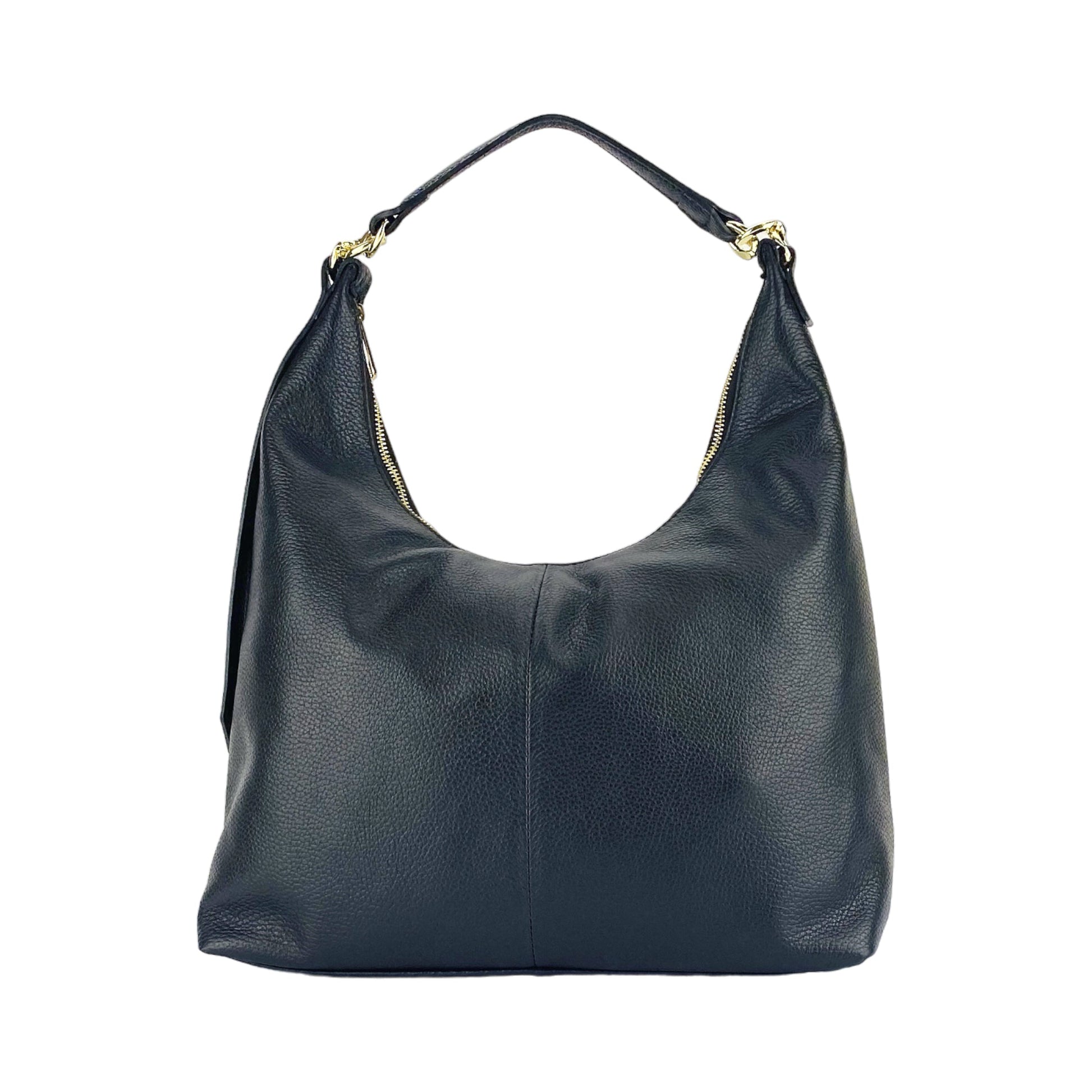 RB1017A | Borsa Donna a spalla Morbida in Vera Pelle Made in Italy con manico singolo e tracolla removibile. Attacchi con moschettoni in metallo Oro Lucido - Colore Nero - Dimensioni: cm 36 x 40 x 13-1