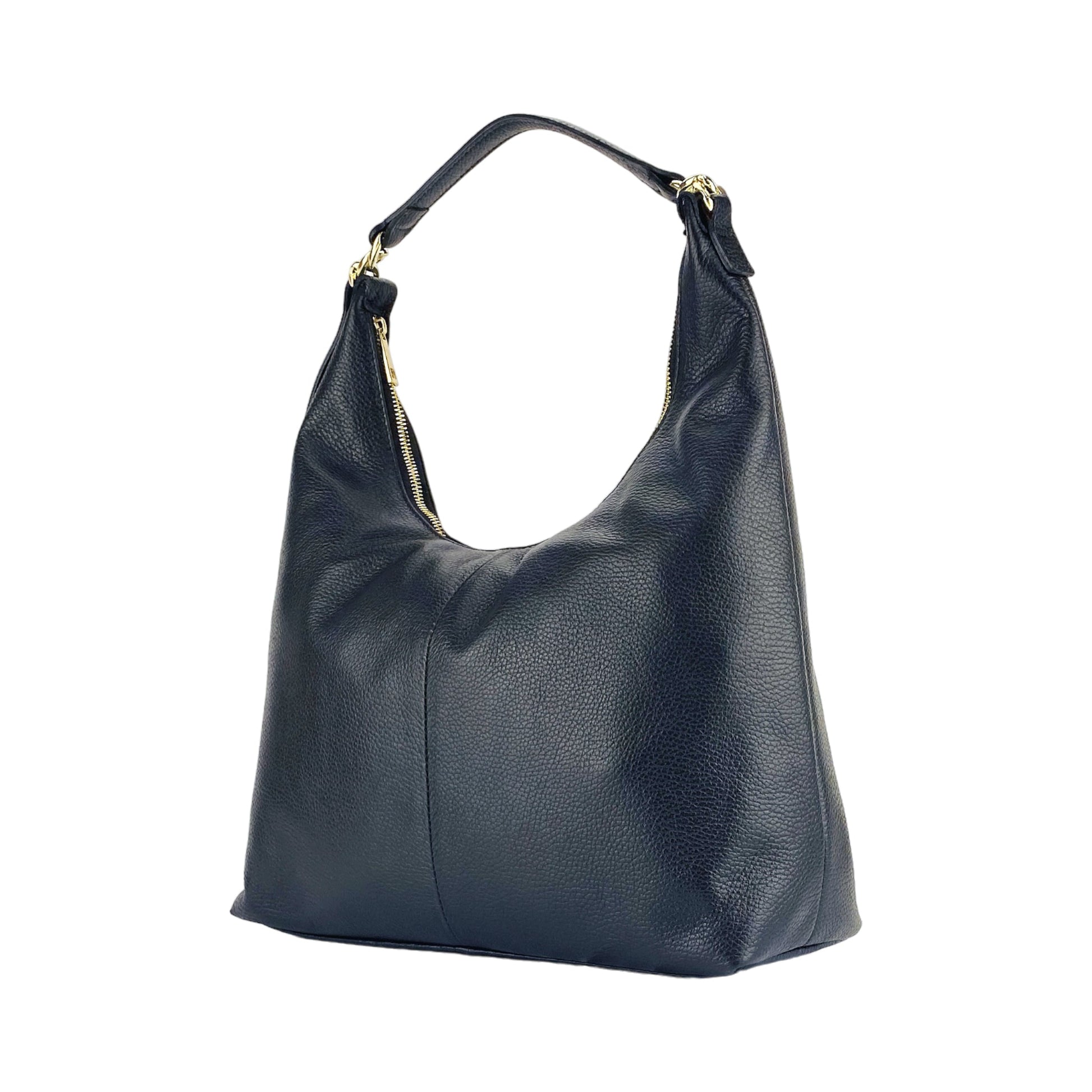 RB1017A | Borsa Donna a spalla Morbida in Vera Pelle Made in Italy con manico singolo e tracolla removibile. Attacchi con moschettoni in metallo Oro Lucido - Colore Nero - Dimensioni: cm 36 x 40 x 13-4