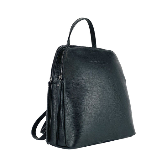 RB1018A | Zaino Donna Doppio scomparto in Vera Pelle Made in Italy con spallacci regolabili. Accessori in metallo Canna di Fucile - Colore Nero - Dimensioni: cm 26 x 30 x 14,5-0