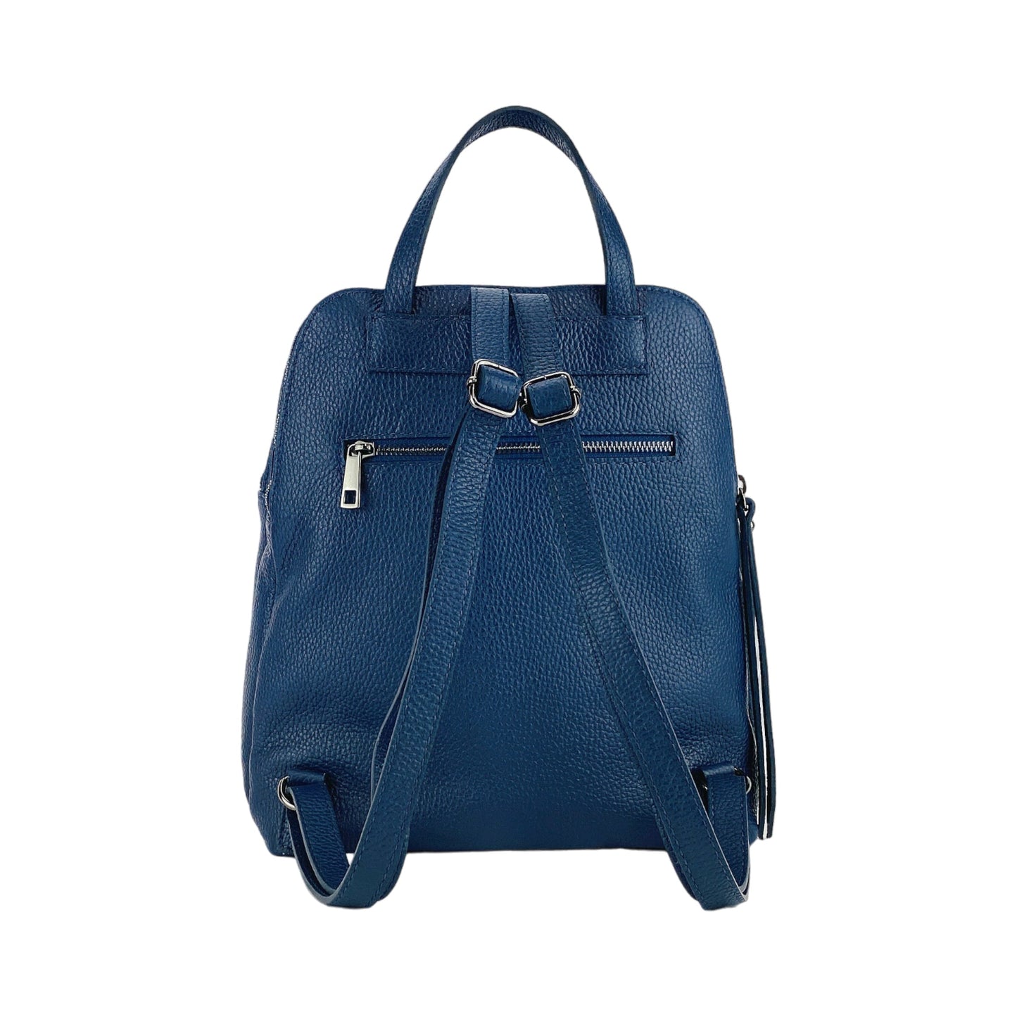 RB1018D | Zaino Donna Doppio scomparto in Vera Pelle Made in Italy con spallacci regolabili. Accessori in metallo Canna di Fucile - Colore Blu - Dimensioni: cm 26 x 30 x 14,5-4