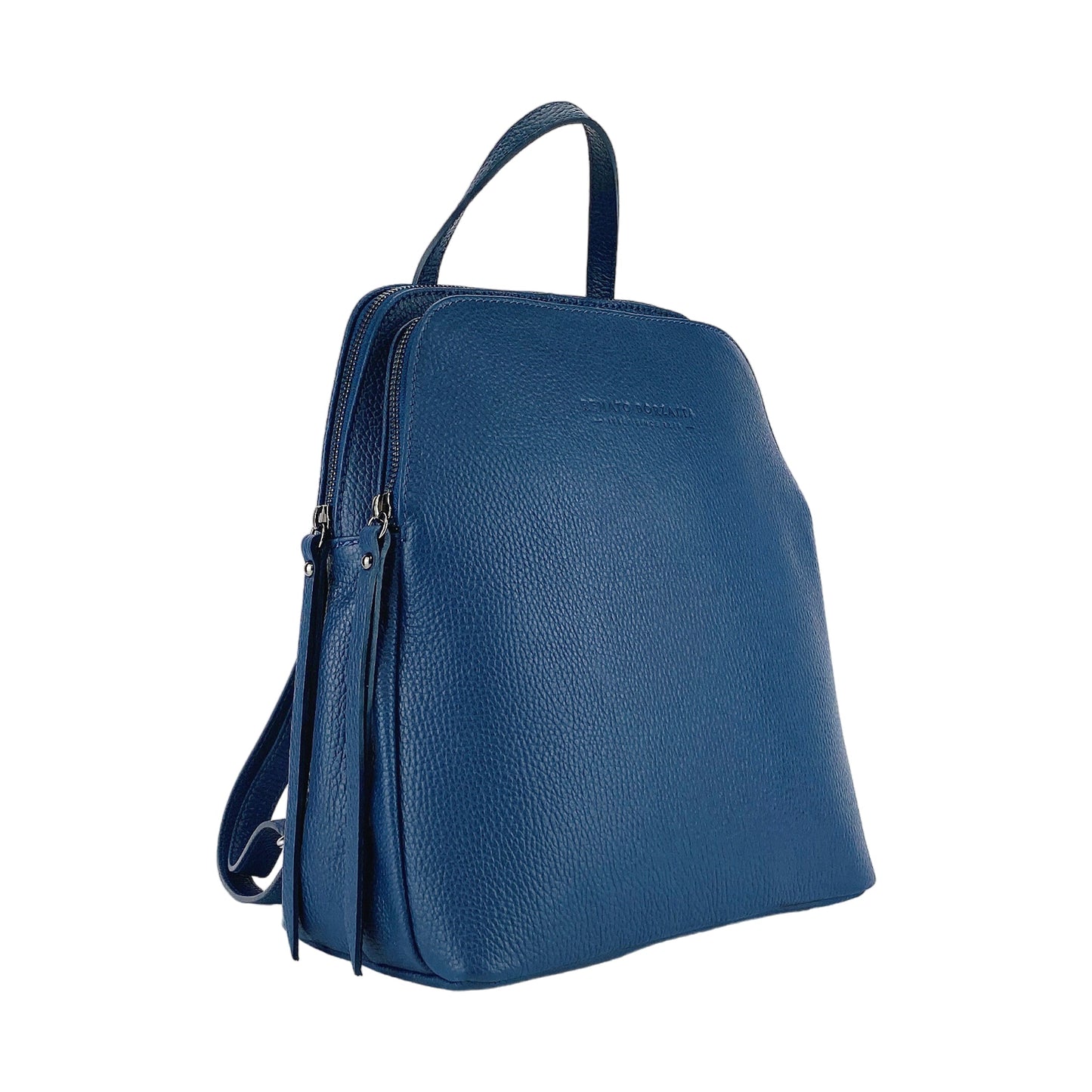 RB1018D | Zaino Donna Doppio scomparto in Vera Pelle Made in Italy con spallacci regolabili. Accessori in metallo Canna di Fucile - Colore Blu - Dimensioni: cm 26 x 30 x 14,5-0