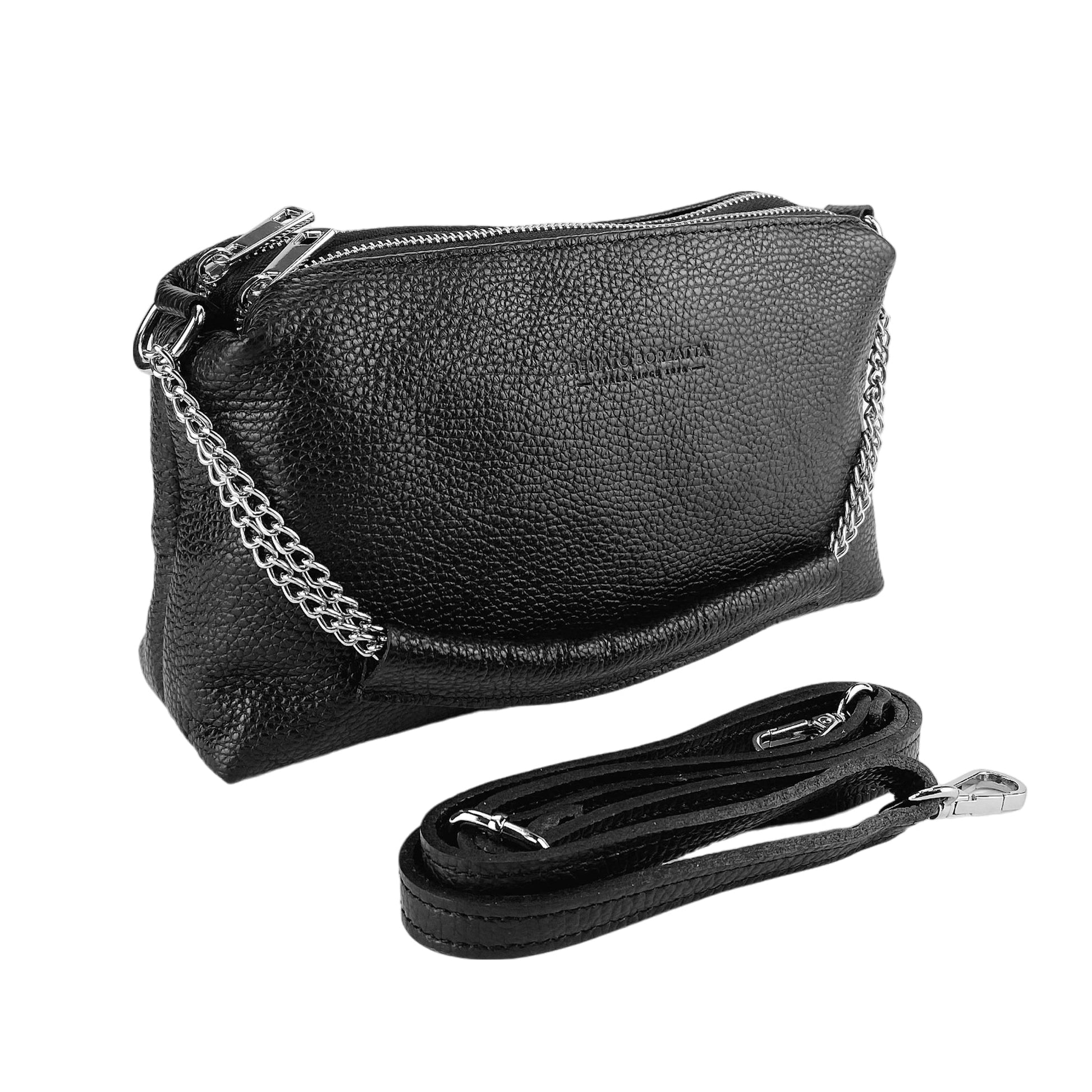 RB1025A  | Borsa Donna a Mano con doppia lampo in Vera Pelle Made in Italy. Tracolla in pelle regolabile. Accessori Nickel Lucido - Colore Nero - Dimensioni: cm 26 x 14 x 9-0