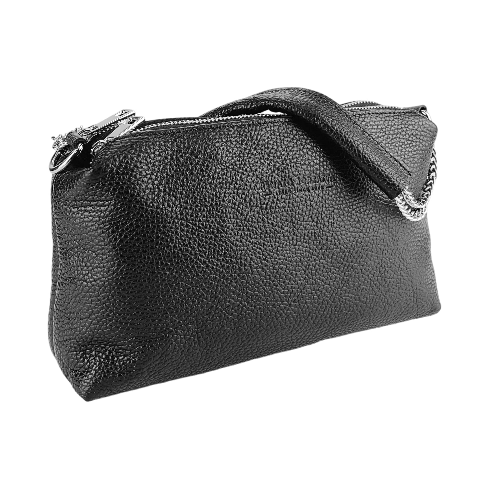 RB1025A  | Borsa Donna a Mano con doppia lampo in Vera Pelle Made in Italy. Tracolla in pelle regolabile. Accessori Nickel Lucido - Colore Nero - Dimensioni: cm 26 x 14 x 9-1