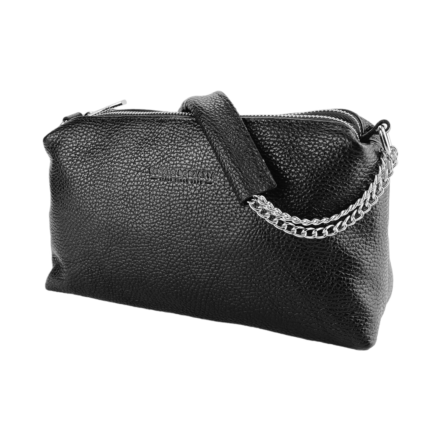 RB1025A  | Borsa Donna a Mano con doppia lampo in Vera Pelle Made in Italy. Tracolla in pelle regolabile. Accessori Nickel Lucido - Colore Nero - Dimensioni: cm 26 x 14 x 9-3