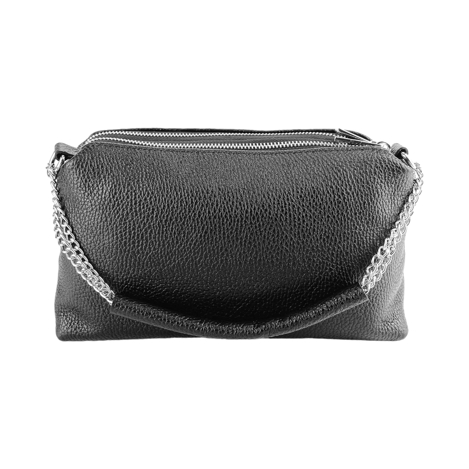 RB1025A  | Borsa Donna a Mano con doppia lampo in Vera Pelle Made in Italy. Tracolla in pelle regolabile. Accessori Nickel Lucido - Colore Nero - Dimensioni: cm 26 x 14 x 9-4