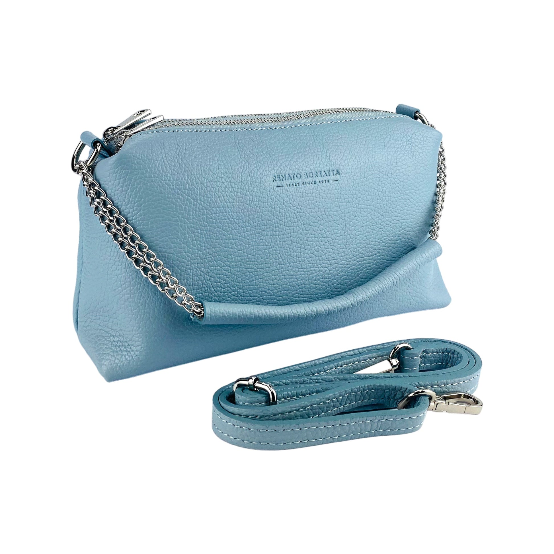 RB1025CL  | Borsa Donna a Mano con doppia lampo in Vera Pelle Made in Italy. Tracolla in pelle regolabile. Accessori Nickel Lucido - Colore Celeste - Dimensioni: cm 26 x 14 x 9-0