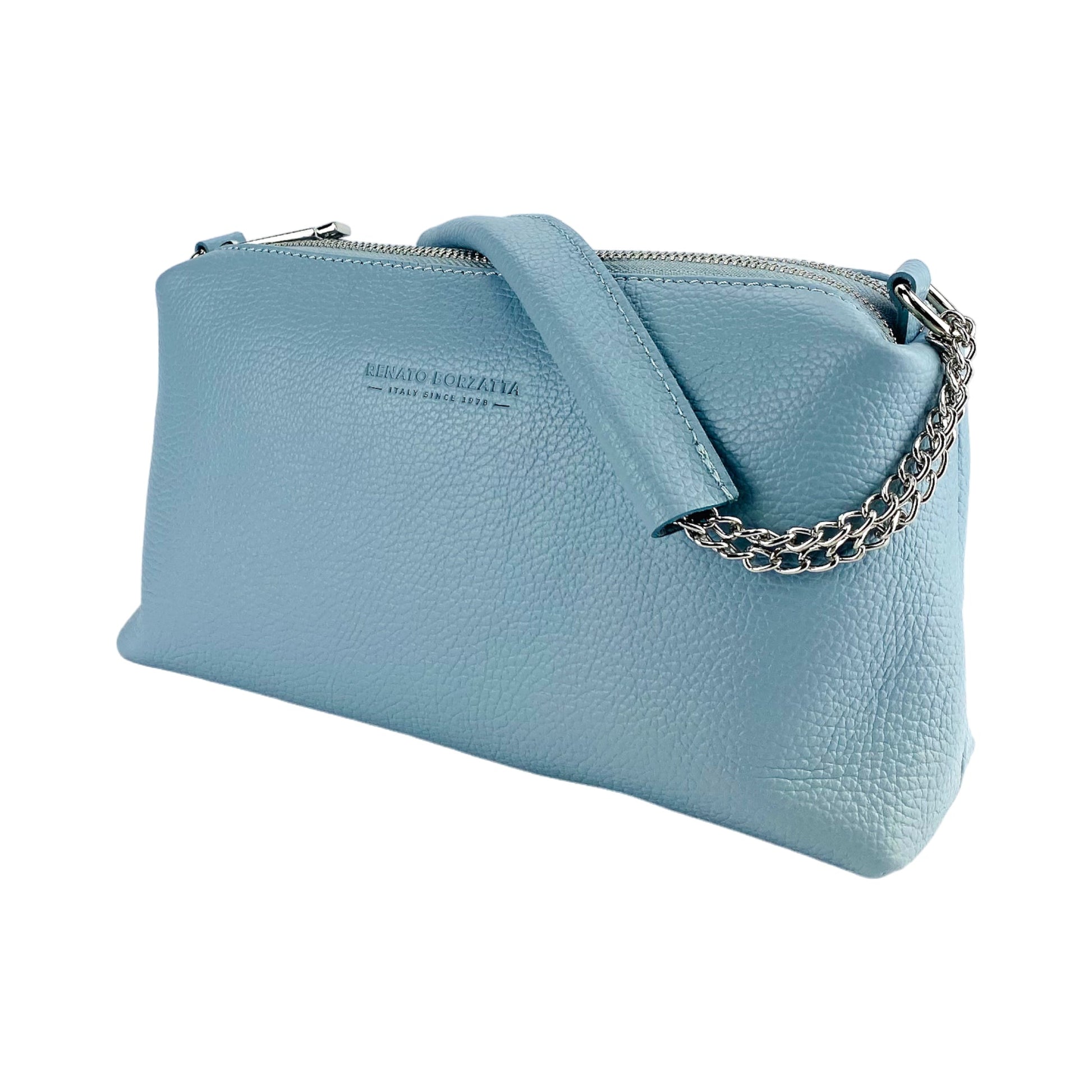 RB1025CL  | Borsa Donna a Mano con doppia lampo in Vera Pelle Made in Italy. Tracolla in pelle regolabile. Accessori Nickel Lucido - Colore Celeste - Dimensioni: cm 26 x 14 x 9-2