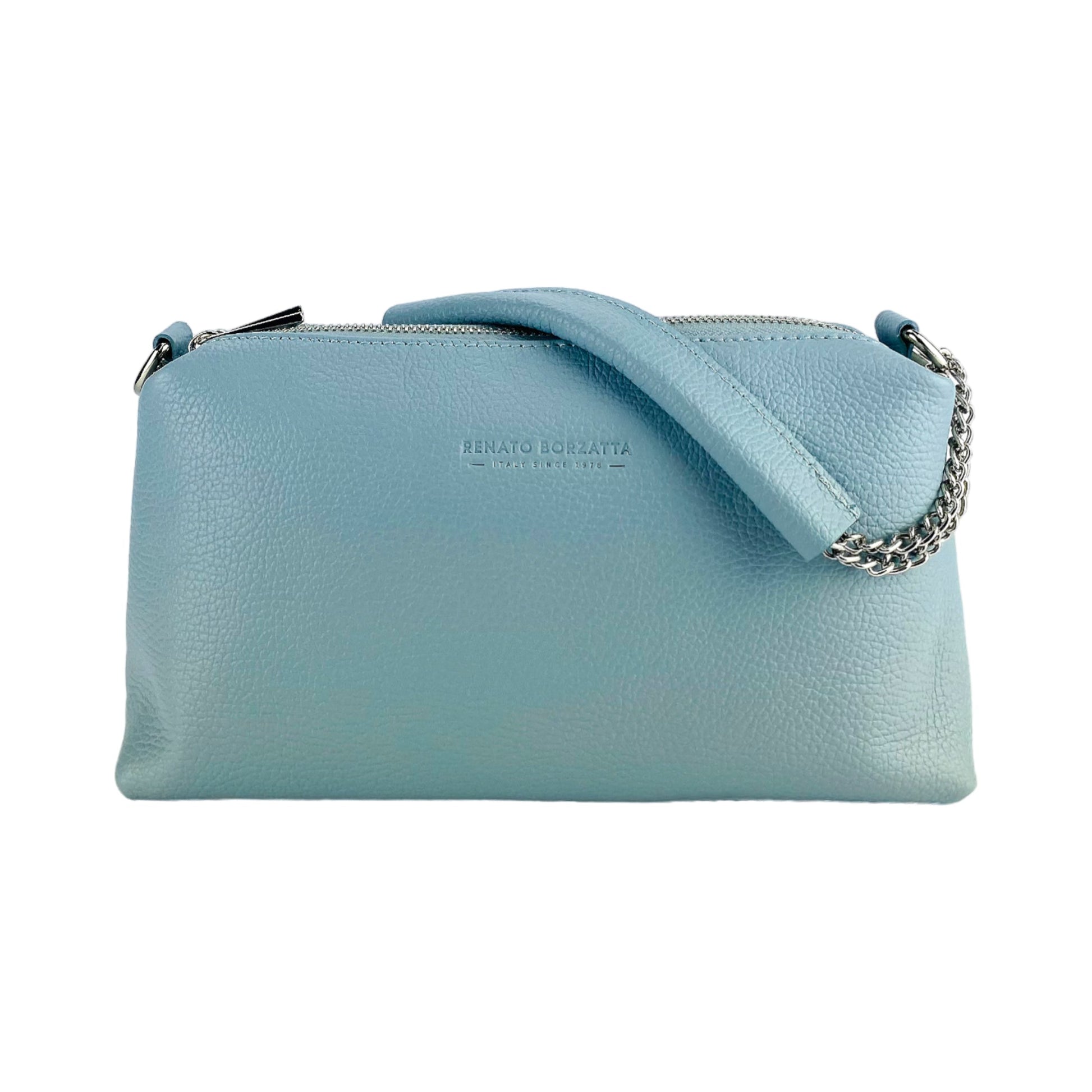 RB1025CL  | Borsa Donna a Mano con doppia lampo in Vera Pelle Made in Italy. Tracolla in pelle regolabile. Accessori Nickel Lucido - Colore Celeste - Dimensioni: cm 26 x 14 x 9-3