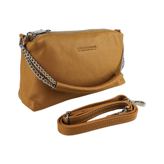 RB1025S  | Borsa Donna a Mano con doppia lampo in Vera Pelle Made in Italy. Tracolla in pelle regolabile. Accessori Nickel Lucido - Colore Cognac - Dimensioni: cm 26 x 14 x 9-0