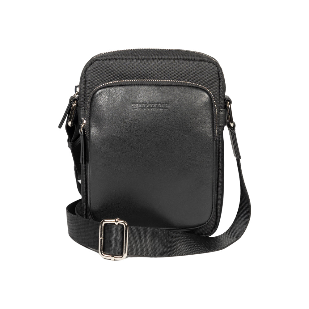 RB2002A | Borsa a Tracolla in Nylon/Vera Pelle, con leggera grana. Chiusura con lampo e tracolla regolabile - Colore Nero - Dimensioni: cm 15,5 x 21 x 7. Confezione: Sacchetto in Tessuto non Tessuto-1